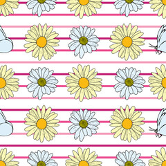 Fototapeta na wymiar Vector white background daisy flowers, wild flowers and butterflies, insects. Seamless pattern background