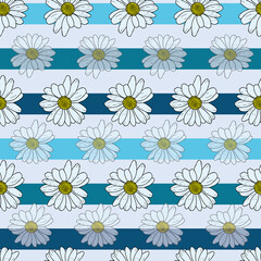 Vector pastel blue background daisy flowers, wild flowers and butterflies, insects. Seamless pattern background