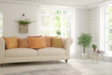 Minimalist living room in white color with sofa and summer landscape in window. Scandinavian interior design. 3D illustration