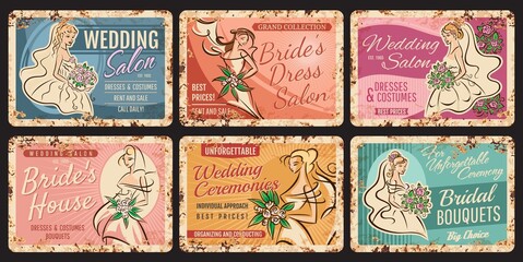 Wedding and marriage vintage plates with vector brides and flowers. Woman in wedding dress and veil with bridal bouquet of rose flower, grunge tin signs of wedding ceremony and shower party invitation