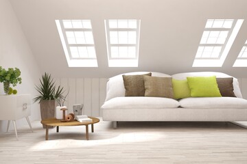 White living room with sofa. Scandinavian interior design. 3D illustration