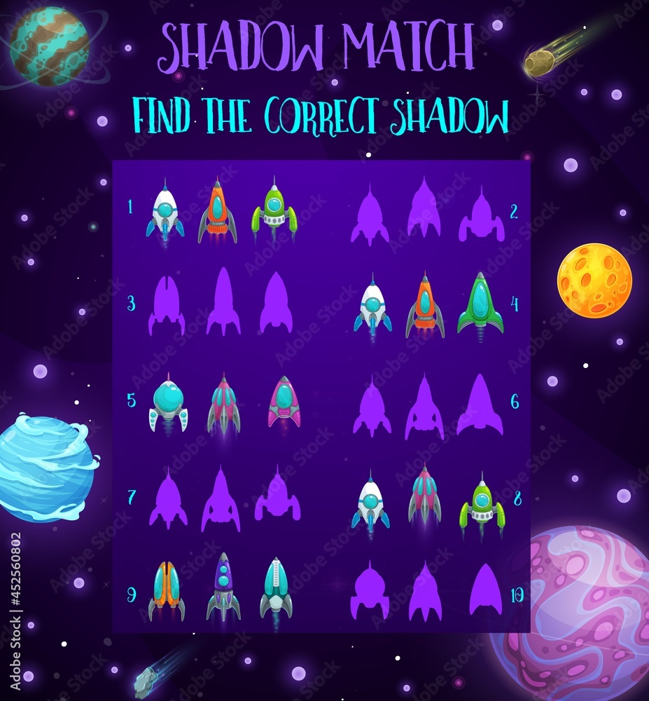 Poster galaxy spaceships kids maze game, space vector riddle with rockets silhouettes. cartoon shadow match