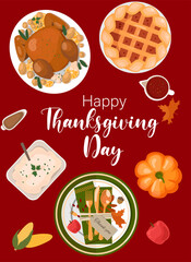Happy Thanksgiving holiday vector design template for posters, banners, invitations and greeting card.Happy Thanksgiving Day with traditional food, pumpkins and fruits. Turkey, pumpkin pie, potatoes