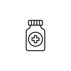 Line icon of big pharmacy jar with lid and cross on sticker