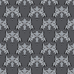 Fototapeta premium Monochrome seamless pattern in oriental style, damask. Volumetric gray print with a white outline, abstract curly elements.
