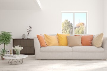 Stylish room in white color with sofa and autumn landscape in window. Scandinavian interior design. 3D illustration