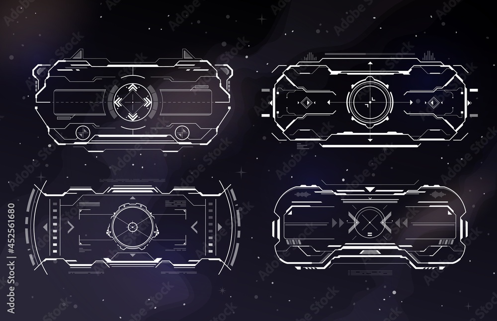 Aufkleber HUD aim control frame interface, futuristic target screen, vector dashboard background. HUD target aims control panel or aim radar digital screen, game UI and crosshair dashboard