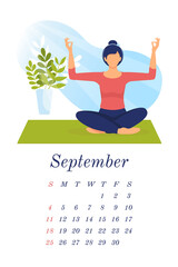 Fototapeta na wymiar Vertical, page calendar for first month of autumn. Yoga calendar for September 2022. Beautiful woman does yoga, sports at home, gym. Picture for each month. Vector template, ready for printing