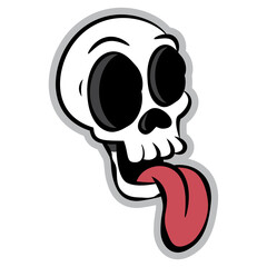 Cartoon illustration of funny skull with tongue out, best for sticker, t-shirt design, and pin for street wear style