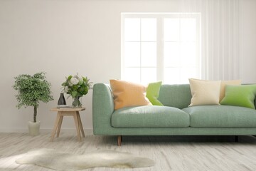 White living room with sofa. Scandinavian interior design. 3D illustration