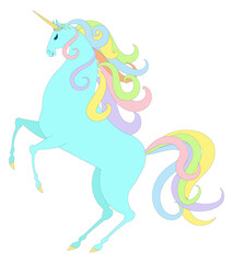 Blue unicorn standing on its hind legs Design for coloring book, tattoo, stained glass, print, etc.