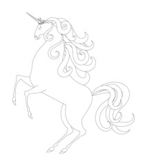 Linear vector drawing of a unicorn standing on its hind legs. Design for coloring book, tattoo, stained glass, etc.