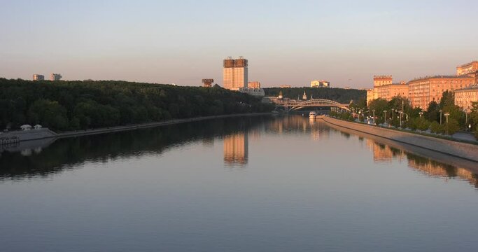 4K summer morning video of Moskva River bridges and river embankments near Gorky Park in Moscow city center, Russia