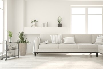 White living room with sofa. Scandinavian interior design. 3D illustration