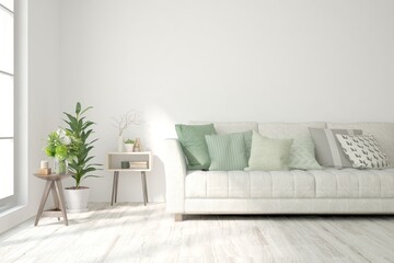 White living room with sofa. Scandinavian interior design. 3D illustration