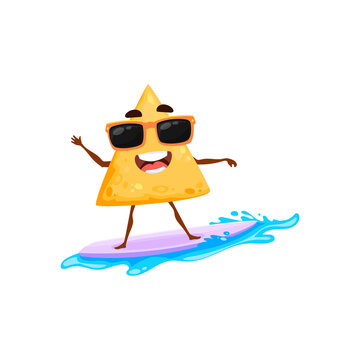 Cartoon mexican nachos chips on summer beach and vacation surfing on surfboard on water waves isolated happy character mascot. Vector tasty fastfood snack surfer, cute emoticon traditional mexico food