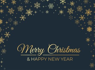 Merry Christmas elegant greeting card with gold snowflakes, Happy New Year luxury design template for invitation,banner, poster, web, background, wallpaper, mobile. Linear snowflakes holiday design