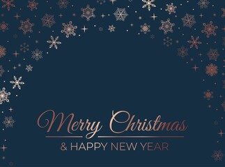 Merry Christmas and Happy New Year elegant rose gold greeting card with snowflakes, Christmas luxury design for invitation,banner,poster,web, background, wallpaper, mobile. Linear holiday design