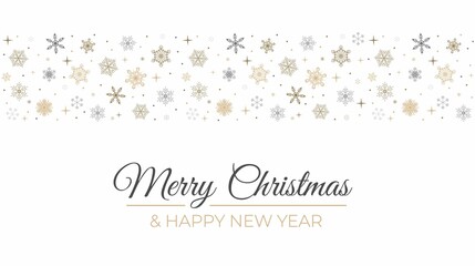 Merry Christmas greeting seamless ornament with snowflakes. Gold, black and white Christmas border design. Flat style vector illustration. Happy New year background for greeting card, banner, sale etc