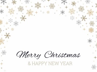 Fototapeta na wymiar Merry Christmas greeting seamless ornament with snowflakes. Gold, black and white Christmas design. Flat style vector illustration. Happy New year background