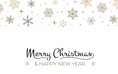 Merry Christmas greeting seamless ornament with snowflakes. Gold, black and white Christmas design. Flat style vector illustration. Happy New year background