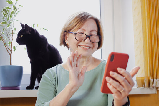 Happy senior woman making video call with smartphone, gesture hi,having pleasant conversation,talking with children grandchildren using wireless internet connection,sitting at home with black pet cat