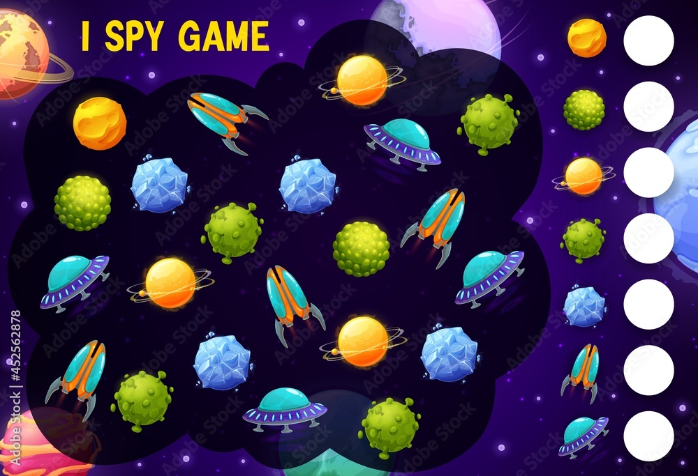Poster kids i spy game with space ships and planets. vector riddle with cartoon spaceships and ufo objects.