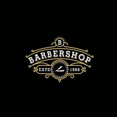Barbershop ornate vintage typographic logo with decorative ornament line art style, vector  template.