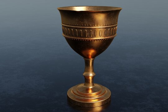 Ancient chalice on shiny ground. 3D Render