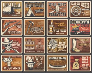 Wild West vector posters set. Cowboy, sheriff and skull, American western hat, guns and ranger star badge, horse, vintage wagon, Indian chief, revolvers, tomahawk and rifle. USA Wild West saloon cards