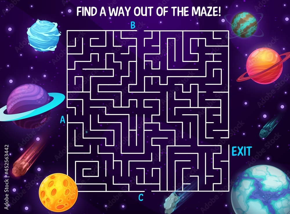 Poster Space labyrinth maze, cartoon galaxy. Kids vector boardgame with planets and meteors in deep cosmos. Board game with path in space with three entrance and one exit. Riddle with cosmic fantasy world