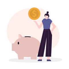 Business woman throw gold coins into large piggy bank. Female invest money. Girl savings or hoard money. Concept of investment and finance management © Alina