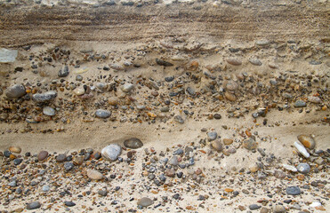 Alternation of layers of sand and gravel in a sediment near the coast