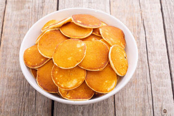 Mini pancakes . Delicious breakfast .