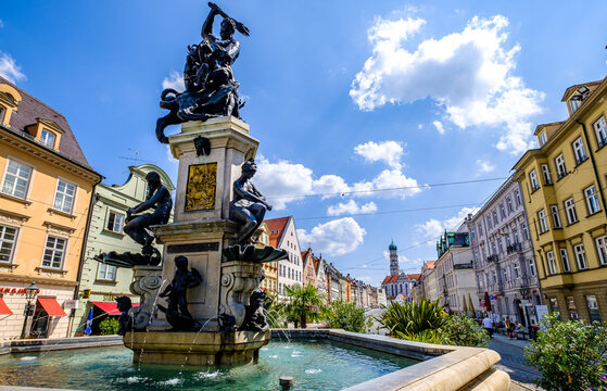 Augsburg, Germany - July 23: Historic buildings and a typical tramway at the old town of Augsburg on July 23, 2021