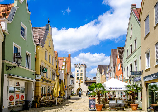 Mindelheim, Germany - June 26: historic buildings at the old town of Mindelheim on June 26, 2021