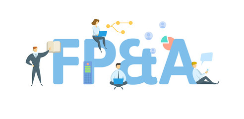 FP and A, Financial Planning and Analysis. Concept with keyword, people and icons. Flat vector illustration. Isolated on white.