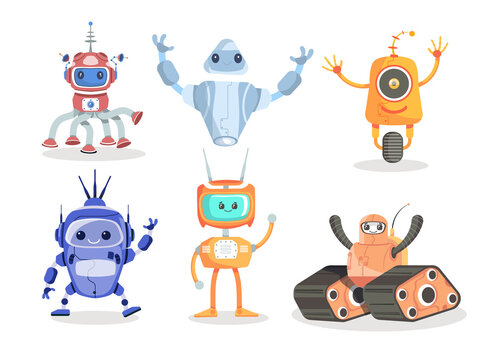 Set of robots. Drawings for children. Collection of technological machines. Graphic elements for websites. Posters and stickers for babies. Cartoon illustrations isolated on white background