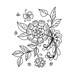 Black and white pattern flower arrangement in doodle or sketch style, vector graphics