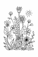 Black and white pattern flower arrangement in doodle or sketch style, vector graphics