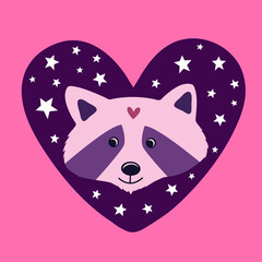 Greeting card with cute cartoon raccoon for kids print. Slumber party invitation card.