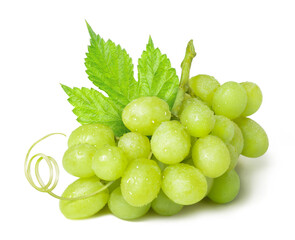 Ripe green grapes in water drops isolated on white background. Fresh fruits.