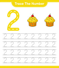 Trace the number. Tracing number with Cup Cake. Educational children game, printable worksheet, vector illustration
