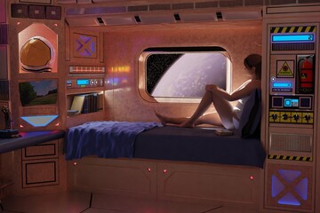 3D illustration of spaceship with woman and book. 3D Render © F. J. Carneros