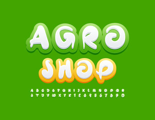 Vector modern emblem Agro Shop. Trendy style Font. Artistic set of Alphabet Letters and Numbers