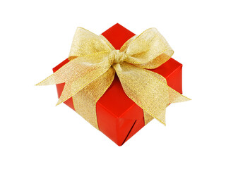 Red gift wrapped present with golden ribbon bow isolated on white