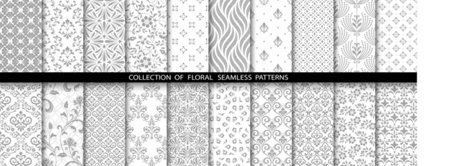 Geometric floral set of seamless patterns. Gray and white vector backgrounds. Simple illustrations.