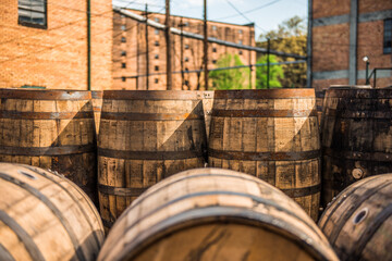 Rustic wooden barrels for bourbon whiskey. 