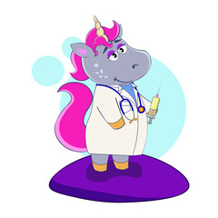 Cartoon unicorn doctor preparing to give an injection