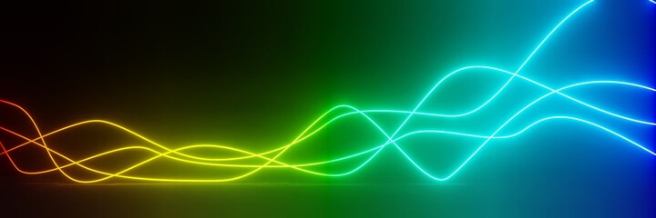 3d render of RGB neon light on darkness background. Abstract Laser lines show at night. Ultraviolet spectrum beam scene